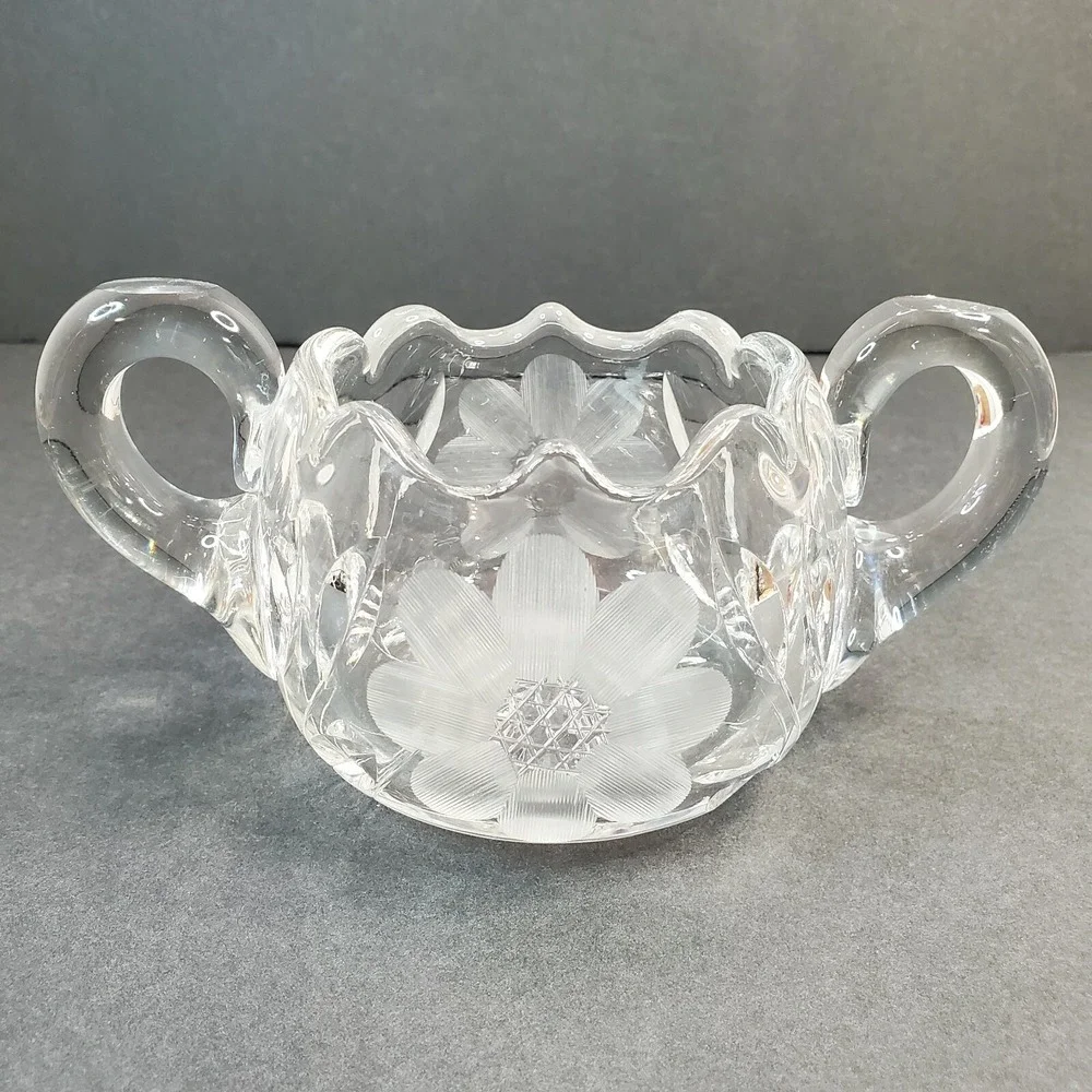 Cut Clear Glass Etched Frosted Flower Double Handled Open Sugar Bowl Heavy